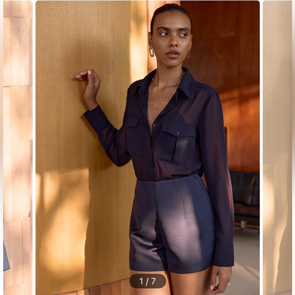 Commense Navy High Waist Women's Shorts and Sheer Navy Blouse